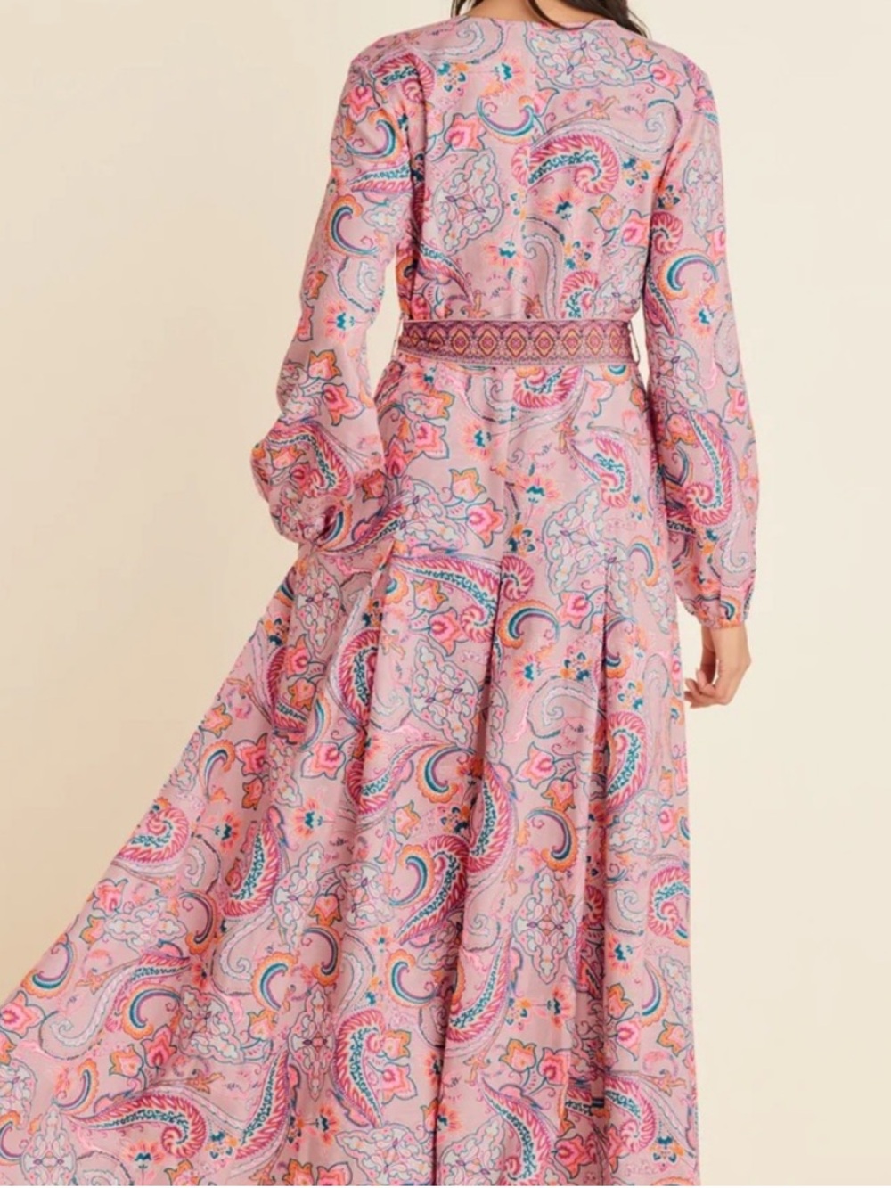 Venus Pink Paisley Boho Linen Long Sleeve Belted Maxi Dress Size 12 - Picture 2 of 9